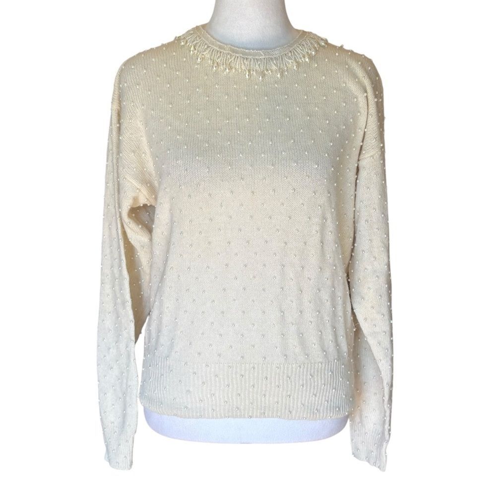 Valerie Stevens Vintage Sweater Cream Wool Pearl Beaded Fringe Neckline Small